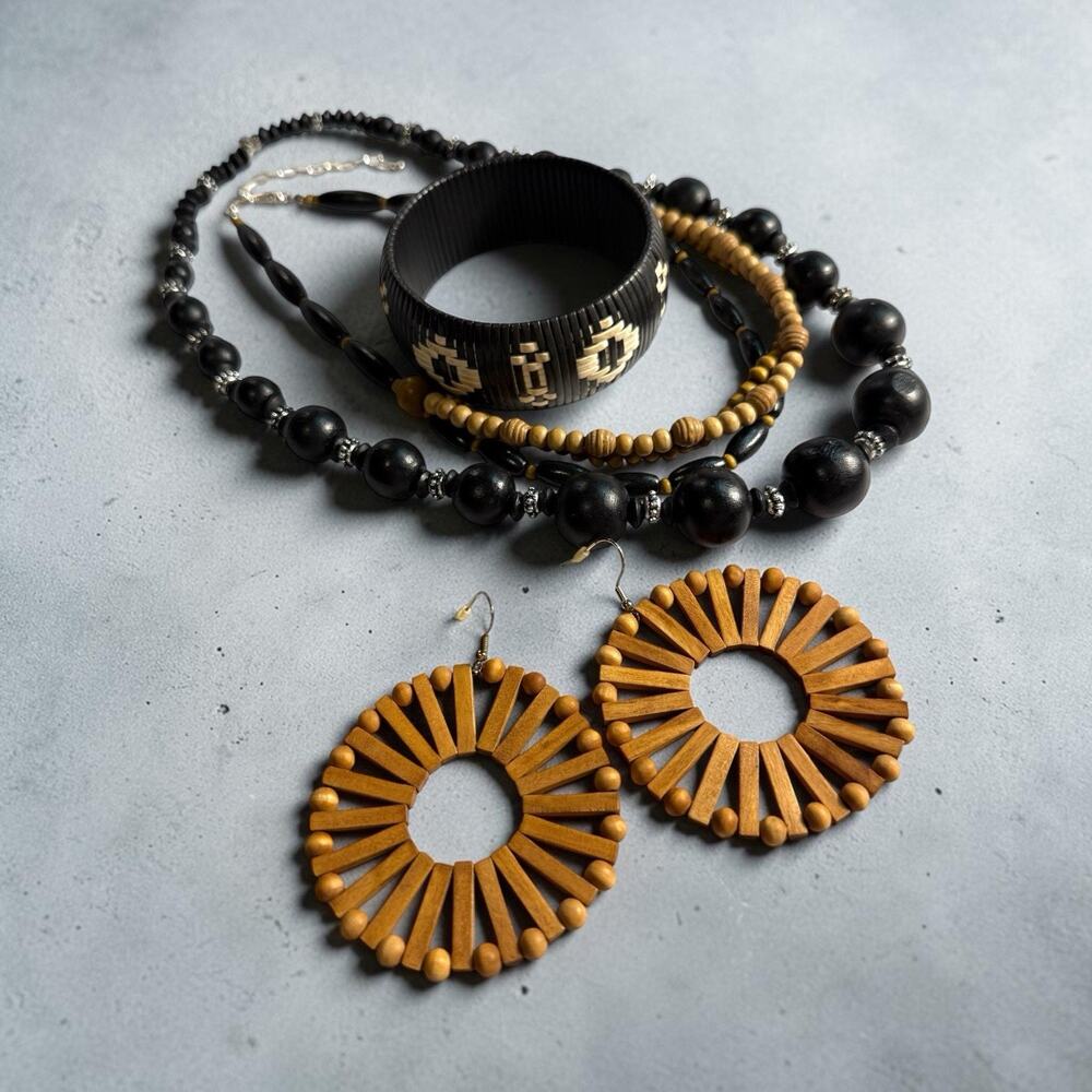 Boho Chic Tribal Wooden Jewelry Set Of 4- Bangle, Sunburst Earrings, 2 Necklaces